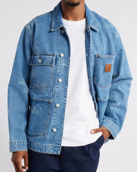 Carhartt Work In Progress Stamp Print Blue Denim Chore Coat