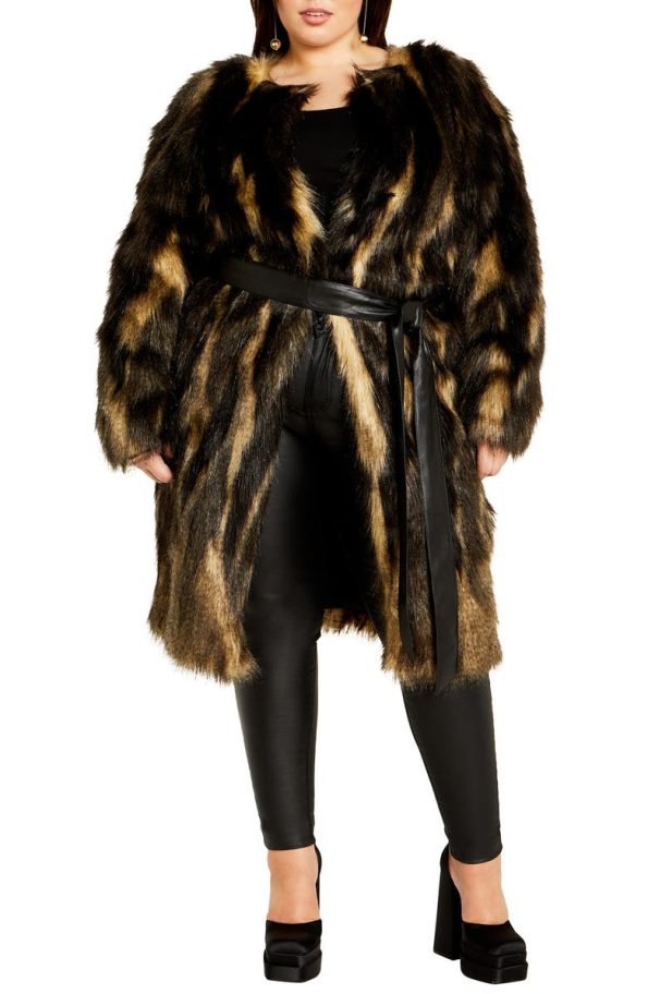 City Chic Diva Belted Faux Fur Coat