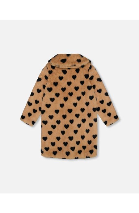 Deux Par Deux Girl's Faux Fur Caramel Printed Heart Coat