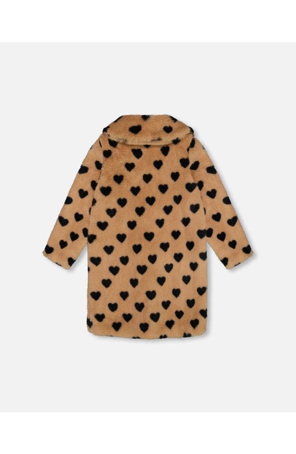 Deux Par Deux Girl's Faux Fur Caramel Printed Heart Coat