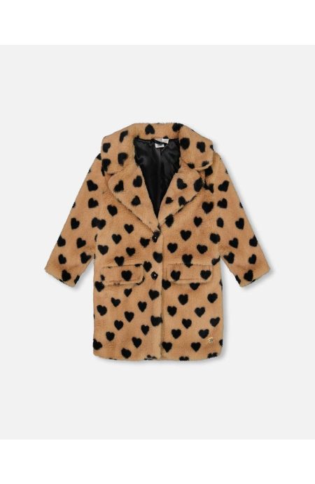 Deux Par Deux Girl's Faux Fur Caramel Printed Heart Long Coat