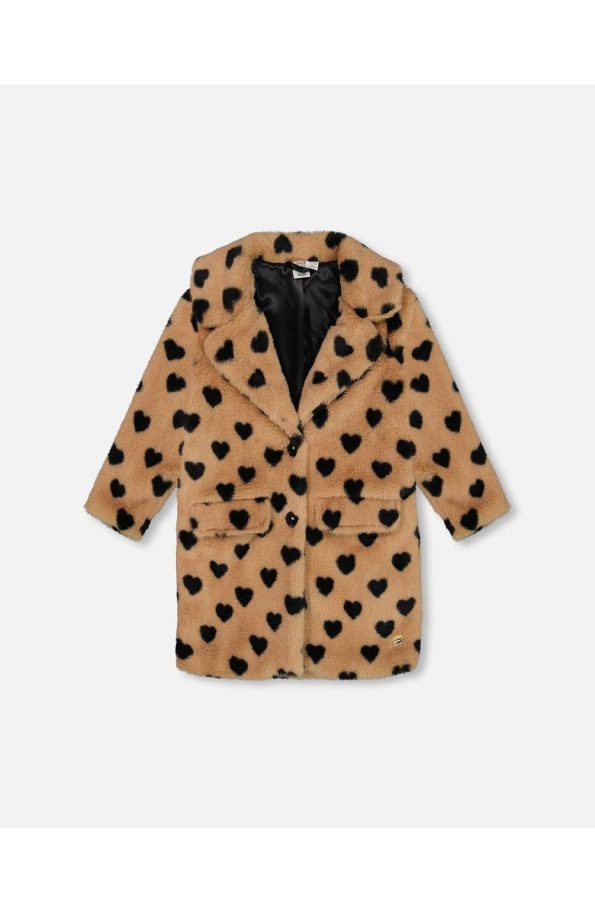 Deux Par Deux Girl's Faux Fur Caramel Printed Heart Long Coat