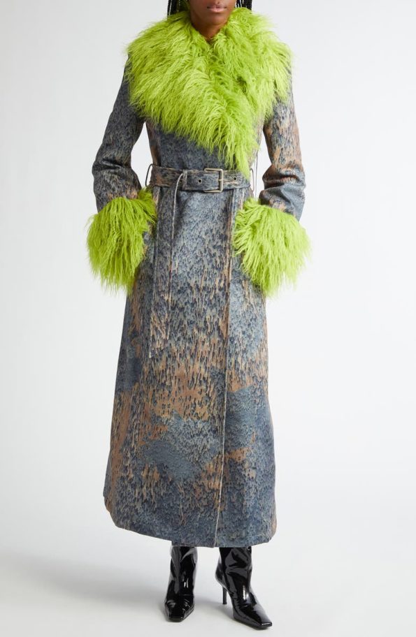 Diesel G-roove Belted Faux Fur Trim Coat.