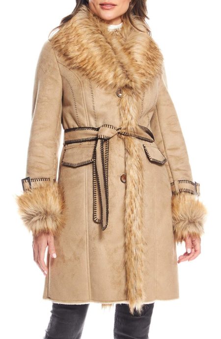 Donna Salyers Fabulous Furs Dakota Belted Latte Faux Suede Coat