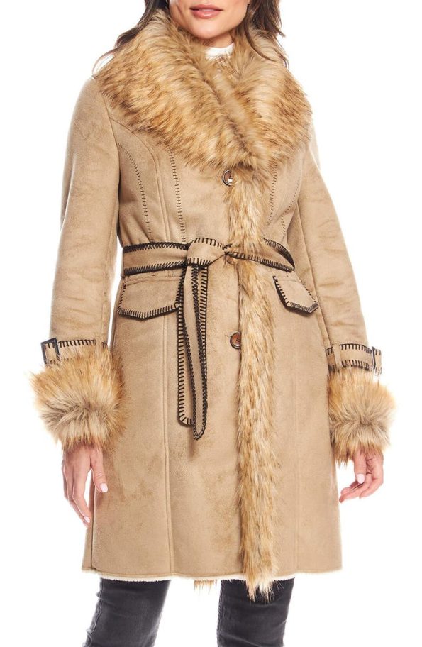 Donna Salyers Fabulous Furs Dakota Belted Latte Faux Suede Coat