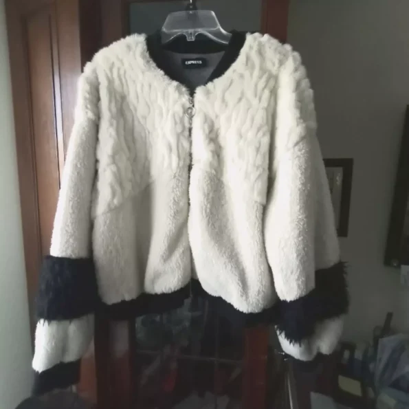 Express Cream And Black Sherpa Teddy B-2 Bomber Jacket