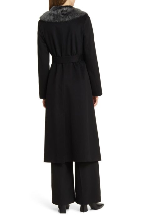 Fleurette Rory Genuine Shearling Collar Belted Black Coat