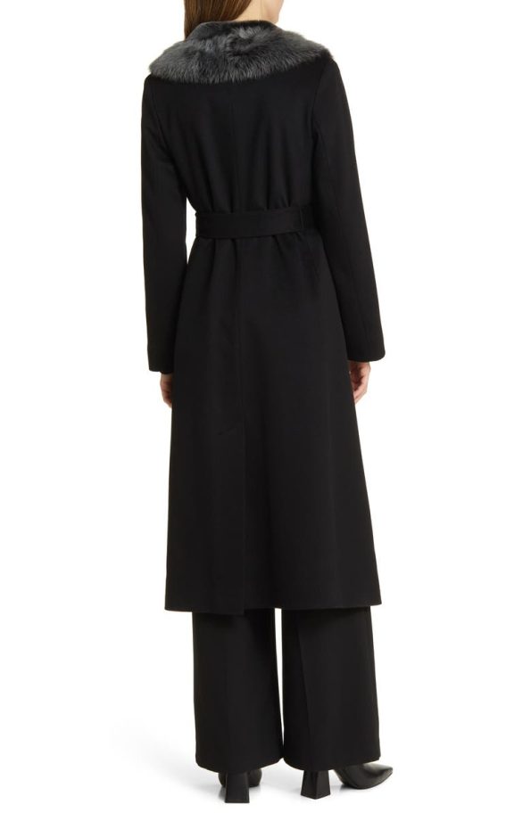 Fleurette Rory Genuine Shearling Collar Belted Black Coat