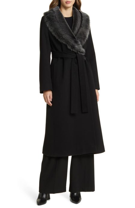 Fleurette Rory Genuine Shearling Collar Belted Black Wool Coat