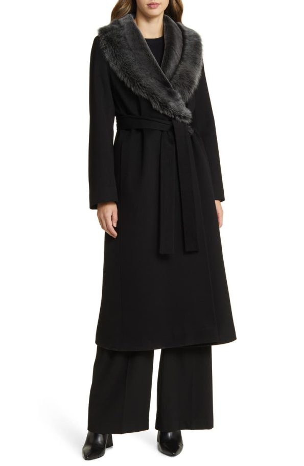 Fleurette Rory Genuine Shearling Collar Belted Black Wool Coat