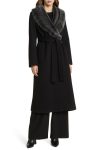 Fleurette Rory Genuine Shearling Collar Belted Black Wool Coat
