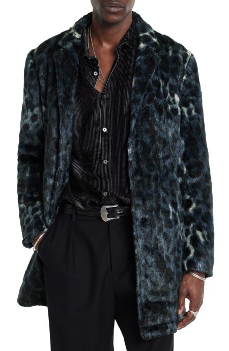 John Varvatos Templeton Animal Print Navy Blue Faux Fur Topcoat