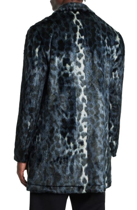 John Varvatos Templeton Animal Print Navy Blue Faux Fur Topcoat.
