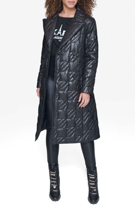Karl Lagerfeld Paris Houndstooth Quilted Tie Belt Double Breasted Trench Coat