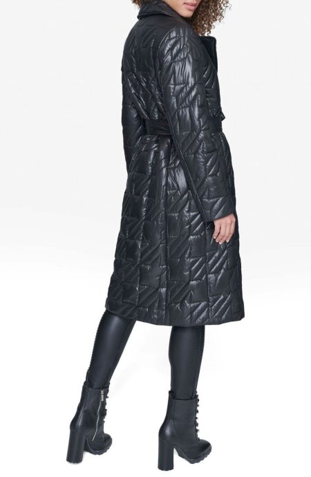 Karl Lagerfeld Paris Houndstooth Tie Belt Double Breasted Trench Coat
