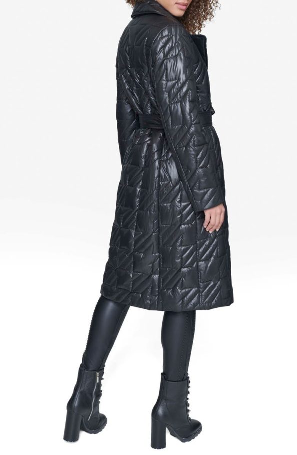 Karl Lagerfeld Paris Houndstooth Tie Belt Double Breasted Trench Coat