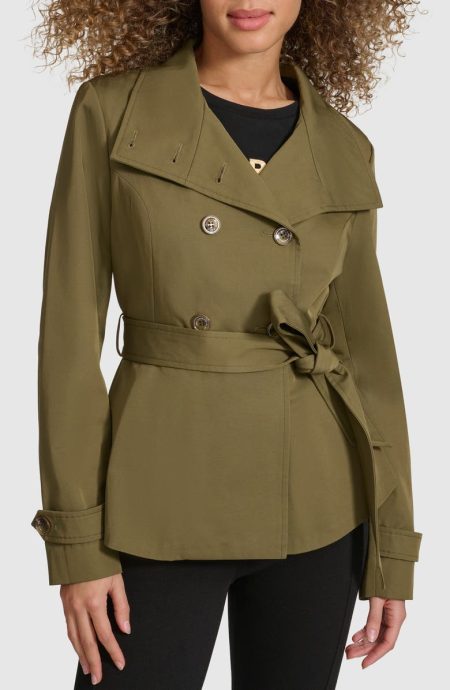 Karl Lagerfeld Paris Olive Double Breasted Peplum Trench Jacket