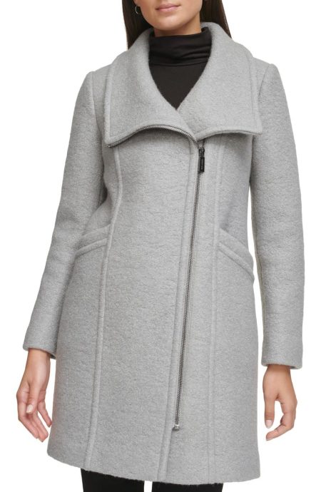Kenneth Cole Grey Asymmetric Zip Convertible Collar Bouclé Coat