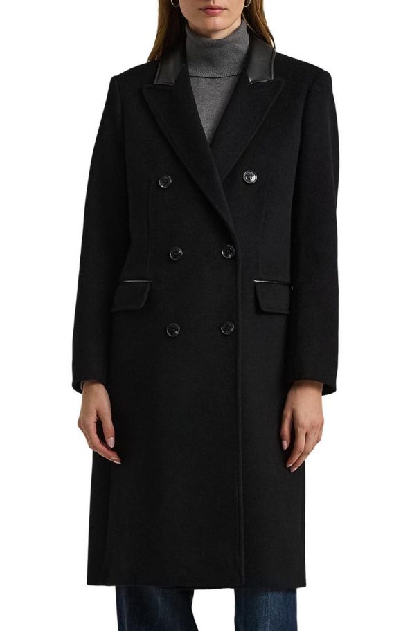 Lauren Ralph Lauren Black Faux Leather Trim Double Breasted Wool Blend Reefer Coat