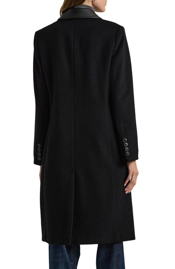 Lauren Ralph Lauren Black Faux Leather Trim Double Breasted Wool Blend Reefer Coat.
