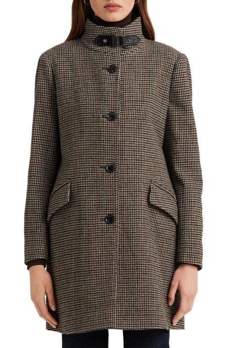 Lauren Ralph Lauren Burgundy Houndstooth Tab Front Wool Blend Coat