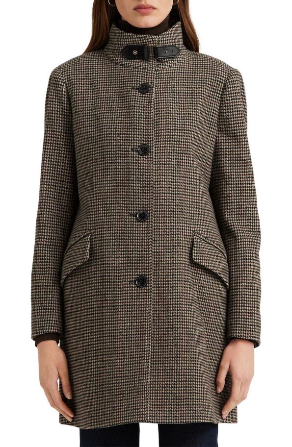 Lauren Ralph Lauren Burgundy Houndstooth Tab Front Wool Blend Coat