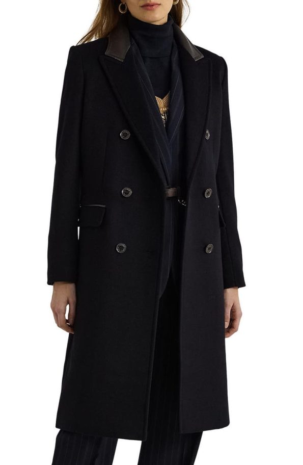 Lauren Ralph Lauren Navy Blue Faux Leather Trim Double Breasted Wool Blend Coat