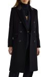 Lauren Ralph Lauren Navy Blue Faux Leather Trim Double Breasted Wool Blend Coat