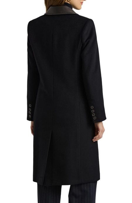 Lauren Ralph Lauren Navy Blue Faux Leather Trim Double Breasted Wool Blend Coat.