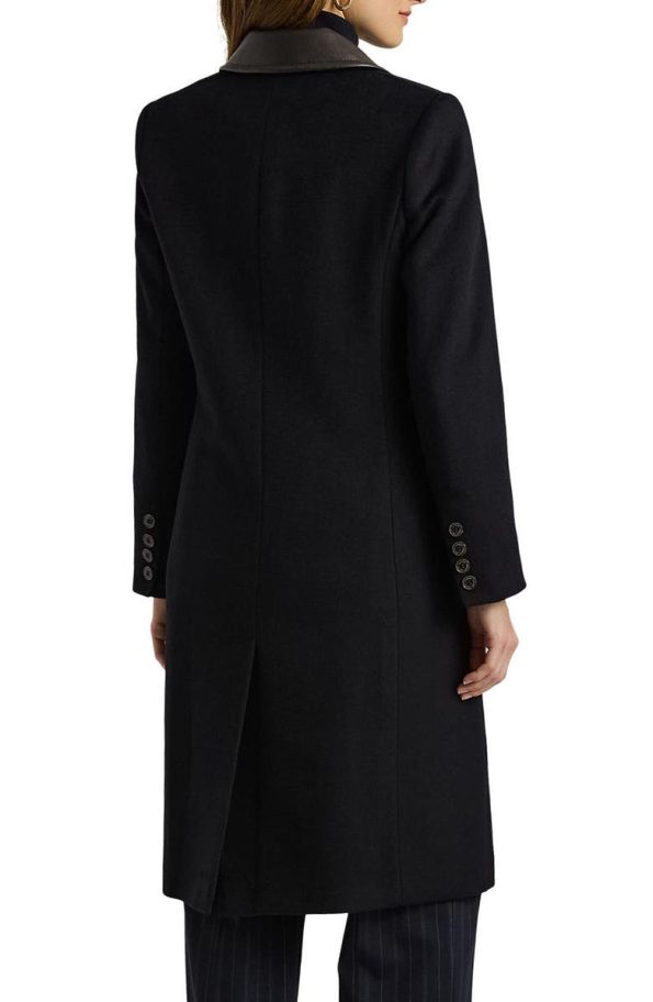 Lauren Ralph Lauren Navy Blue Faux Leather Trim Double Breasted Wool Blend Coat.