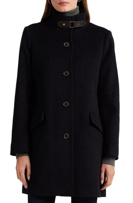 Lauren Ralph Lauren Navy Blue Tab Front Wool Blend Coat
