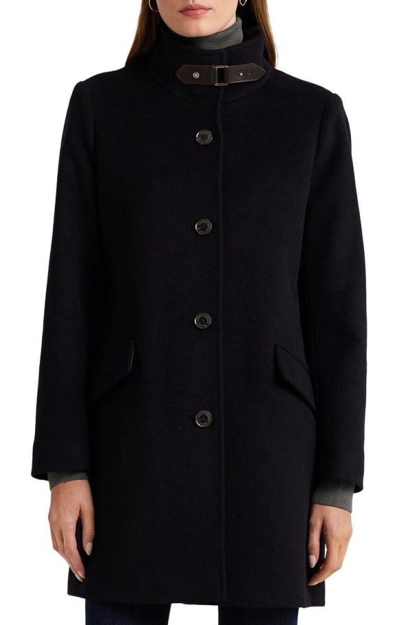 Lauren Ralph Lauren Navy Blue Tab Front Wool Blend Coat