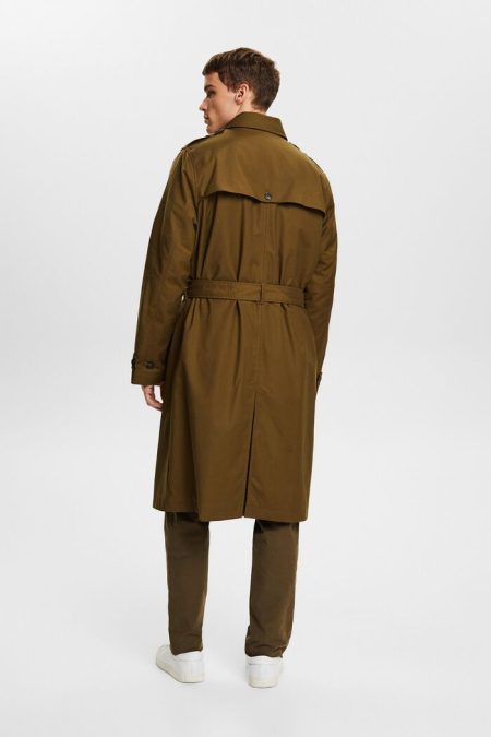 Men's Khaki Green Belted Trench Coat.