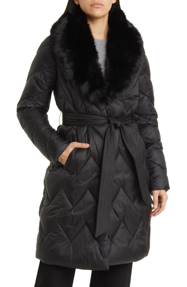 Michael Kors Black Faux Fur Collar Diamond Quilted Coat