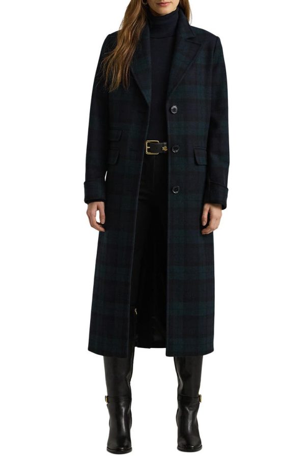 Ralph Lauren Black Watch Reefer Plaid Longline Wool Blend Coat