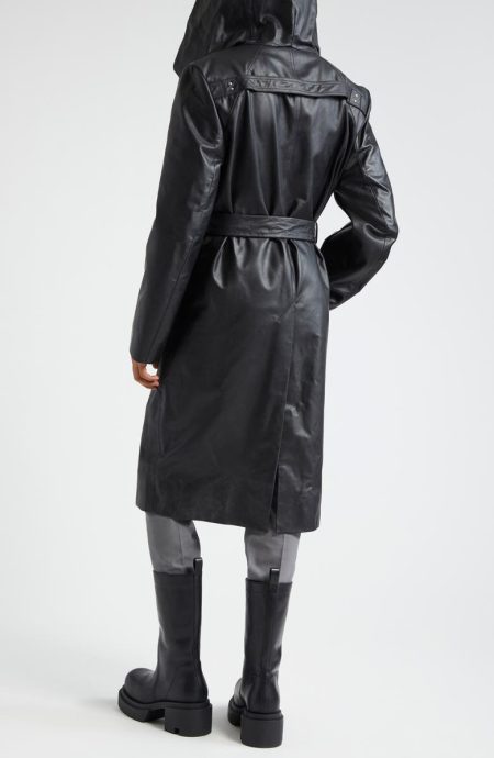Rick Owens Black Hooded Leather Wrap Coat.