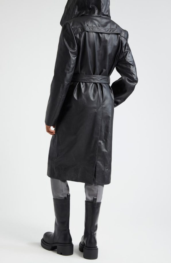 Rick Owens Black Hooded Leather Wrap Coat.