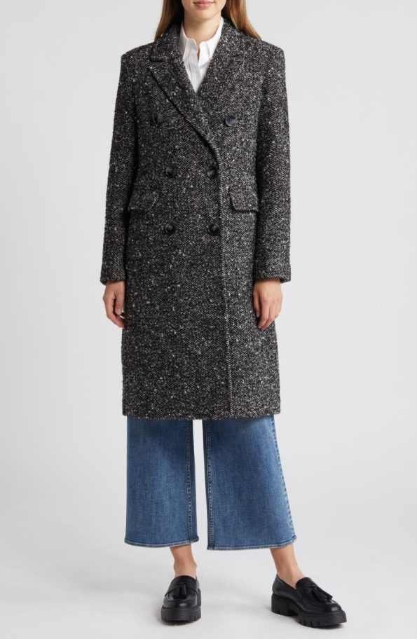 Sam Edelman Reefer Double Breasted Herringbone Tweed Coat
