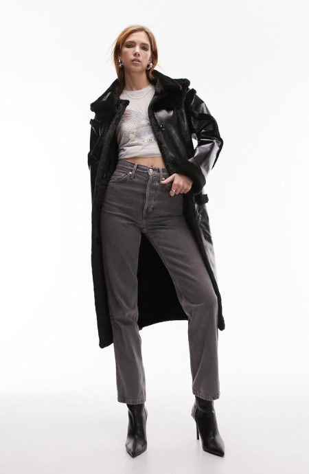 Topshop Black Faux Fur Trim Faux Leather Aviator Coat