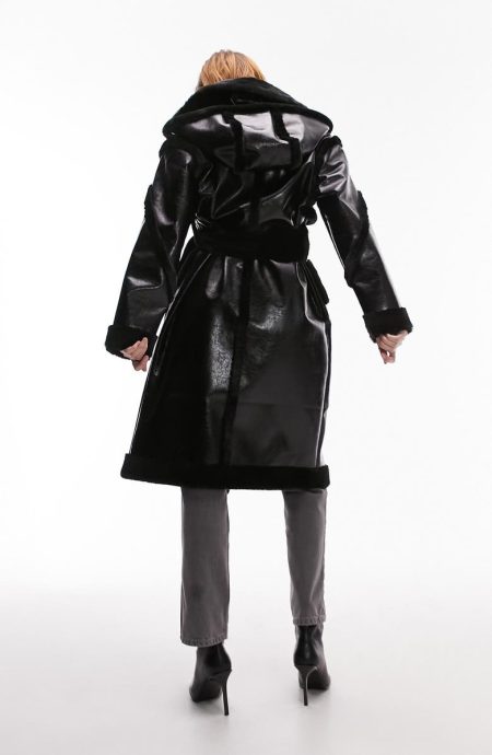Topshop Black Faux Fur Trim Faux Leather Aviator Coat.