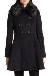 Via Spiga Black Faux Fur Collar Wool Blend Skater Coat