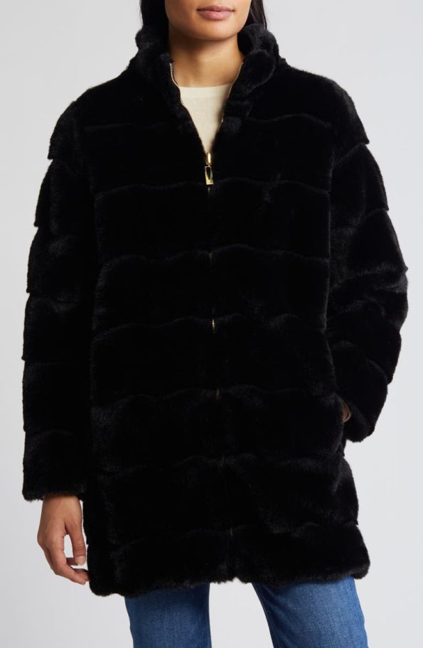 Via Spiga Black Wavy Reversible Faux Fur Quilted Coat