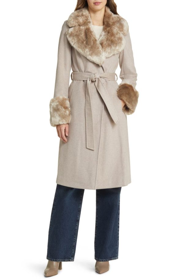 Via Spiga Bone Wool Blend Belted Coat With Faux Fur Trim