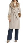 Via Spiga Bone Wool Blend Belted Coat With Faux Fur Trim