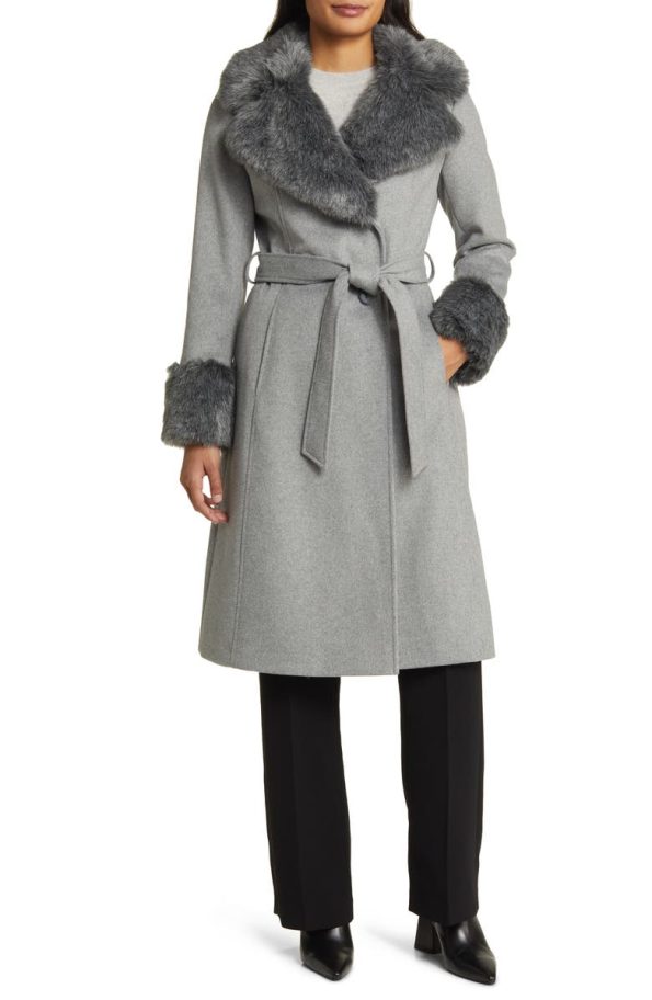 Via Spiga Grey Wool Blend Belted Coat With Faux Fur Trim