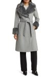 Via Spiga Grey Wool Blend Belted Coat With Faux Fur Trim