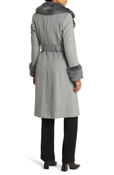 Via Spiga Wool Blend Belted Coat With Faux Fur Trim