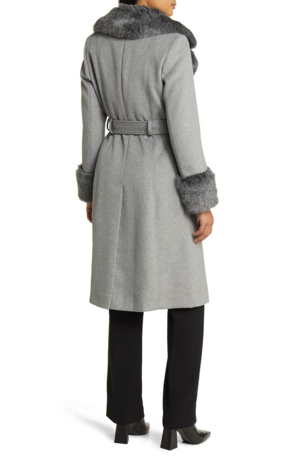 Via Spiga Wool Blend Belted Coat With Faux Fur Trim