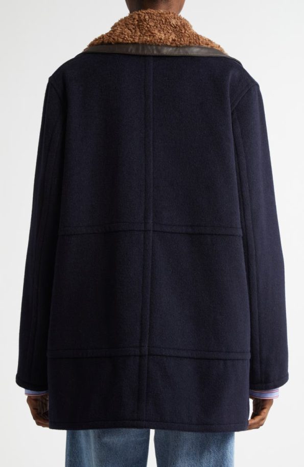 Wales Bonner Zora Faux Shearling Trim Navy Blue Wool Blend Peacoat.