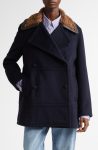 Wales Bonner Zora Faux Shearling Trim Navy Blue Wool Blend Peacoat